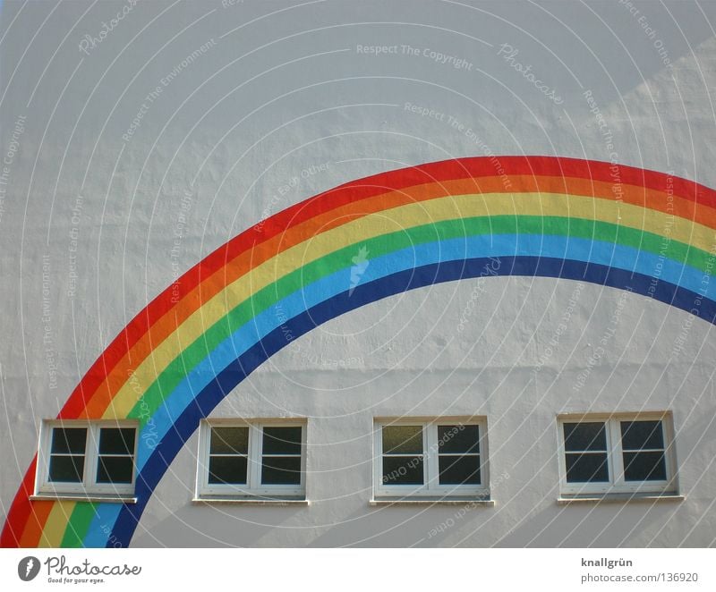 Living under the rainbow Rainbow Prismatic colour Multicoloured Window Side by side Facade House (Residential Structure) Gable Beige Window transom and mullion