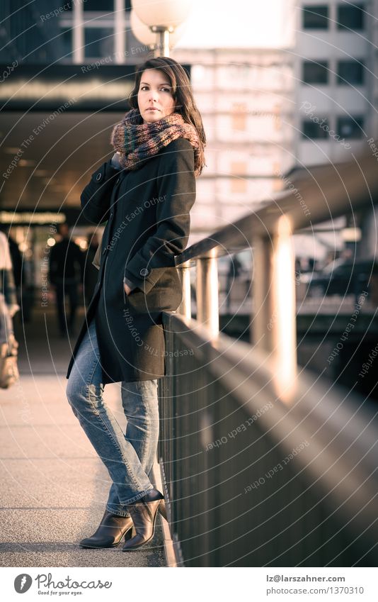 Stylish Pretty Woman Leaning on Pathway Rails Lifestyle Beautiful Vacation & Travel Sun Adults 1 Human being 30 - 45 years Autumn Town Fashion Jeans Coat Scarf