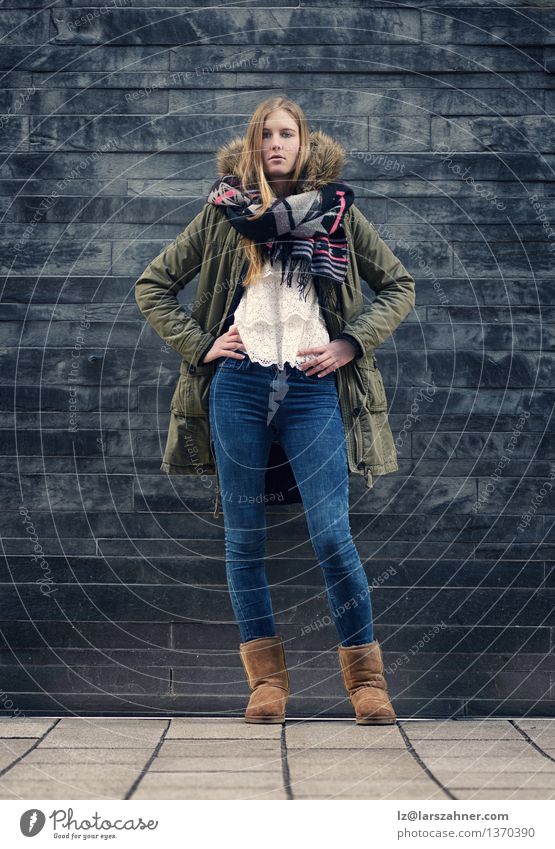 Woman in Winter Outfit in Front Old Gray Wall Style Body Girl Adults 1 Human being 13 - 18 years Youth (Young adults) Autumn Fashion Jeans Jacket Scarf Boots
