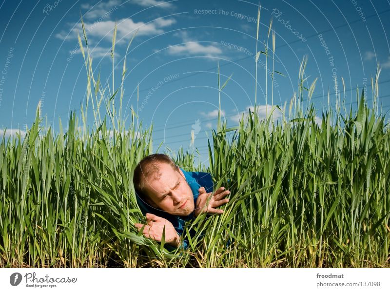 photo safari Field Hunter Find Looking Hongkong Clouds Hand Meadow Unshaven Facial hair Funny Humor Search Photographer Take a photo Forest-dweller Skeptical