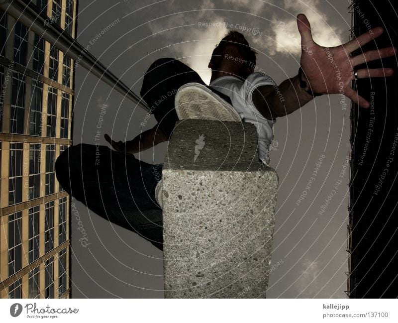 silent running Man Silhouette Thief Criminal Outbreak Escape Tumble down Window Parking garage Geometry Back-light Jacket Coat Cap Radiation Thriller Jump Hop