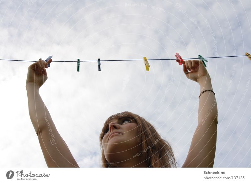 just hang out Laundry Clothesline Dry Tumble dryer Woman Clouds Summer Cleaning Holder Bracelet Joy Sky Blue Rope Sun String Arm