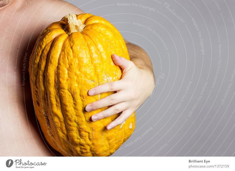 Proud catch Vegetable Pumpkin Lifestyle Thanksgiving Hallowe'en Human being Masculine Hand 1 Gigantic Large Bright Yellow Contentment Nature Tradition