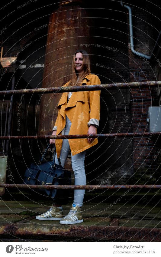 chris_by_photoart Joy Human being Feminine Young woman Youth (Young adults) Woman Adults 1 13 - 18 years Duisburg Industrial plant Jeans Coat Accessory Piercing