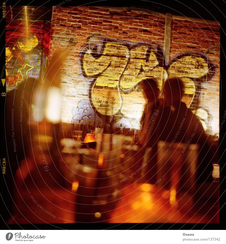 closing time Lomography Medium format Bar Beach bar Night Cocktail Drinking Party Wall (barrier) Brick Long exposure Gastronomy 6x6 Scan Evening