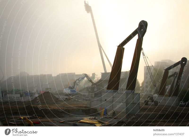 fog stop Excavator Stadium Fog Column Crane Derelict Zurich Morning Floodlight