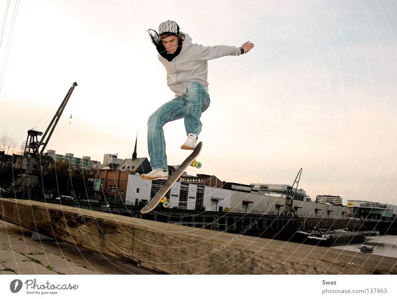 ready for take off Skateboarding Sunset Jump Style Sports Playing boarder Harbour Coil olli