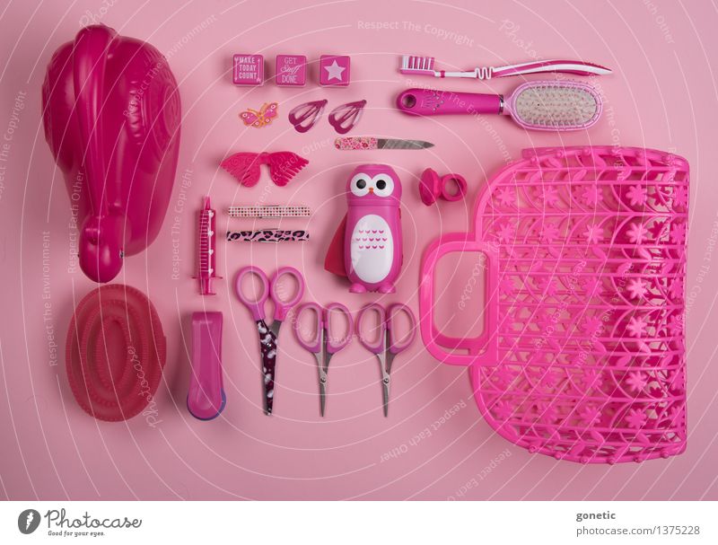 Super still life in pink Stationery Toys Watering can Hairbrush Toothbrush Kitsch Odds and ends Souvenir Collection Collector's item Metal Plastic Glittering