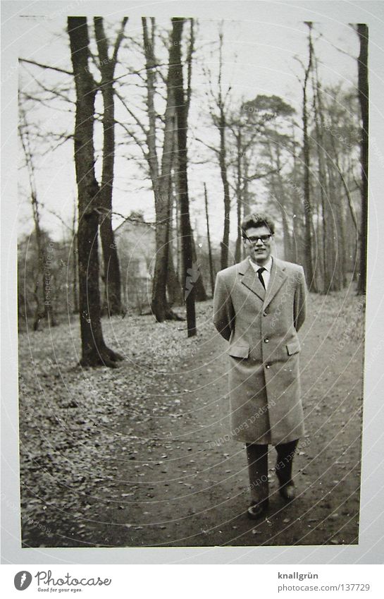 That's how it was then... Man Coat Fashion Sixties To go for a walk Forest Winter Tree Forest walk Laughter Former Cold Appearance Footpath Nostalgia Joy styled