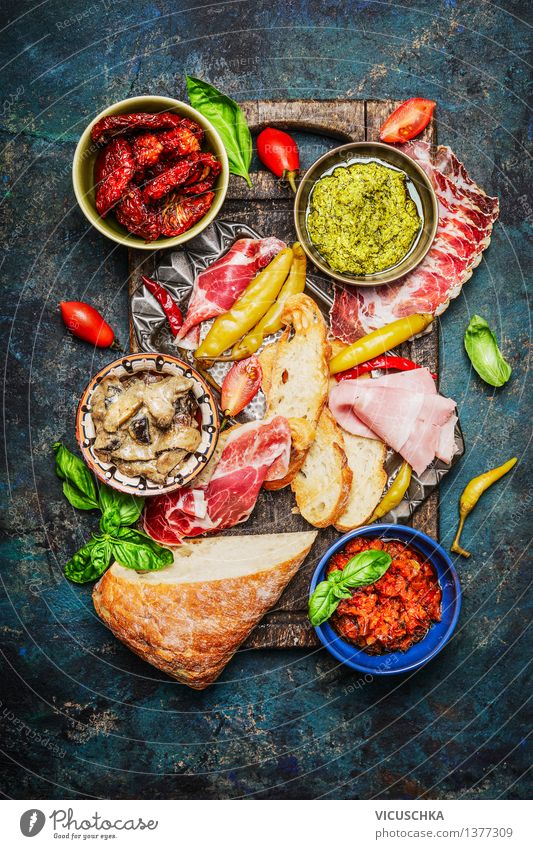 Delicious antipasti ingredients for sandwiches Food Meat Sausage Vegetable Lettuce Salad Bread Roll Herbs and spices Nutrition Lunch Dinner Buffet Brunch
