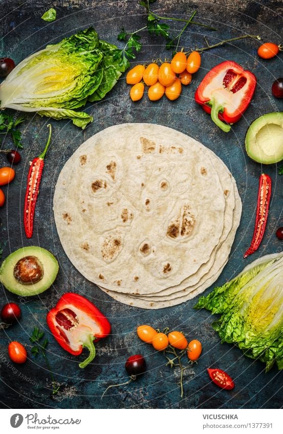 Vegetarian ingredients for making tacos or burritos Food Vegetable Lettuce Salad Nutrition Lunch Banquet Picnic Organic produce Vegetarian diet Diet Fast food