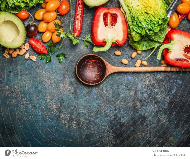 Colourful organic vegetables with cooking spoon Food Vegetable Lettuce Salad Herbs and spices Nutrition Lunch Dinner Organic produce Vegetarian diet Diet Spoon