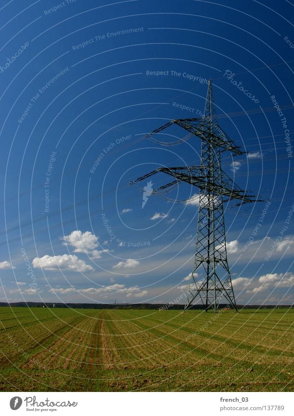high voltage Nature Landscape Sky Land Feature Iron Clouds Field Electricity generating station Steel cable Scaffold Energy industry Electricity pylon