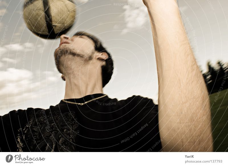 headshot Soccer player Round Hand Header Facial hair T-shirt Black Clouds Action Football pitch World Cup Practice Concentrate Collision Service Forehead