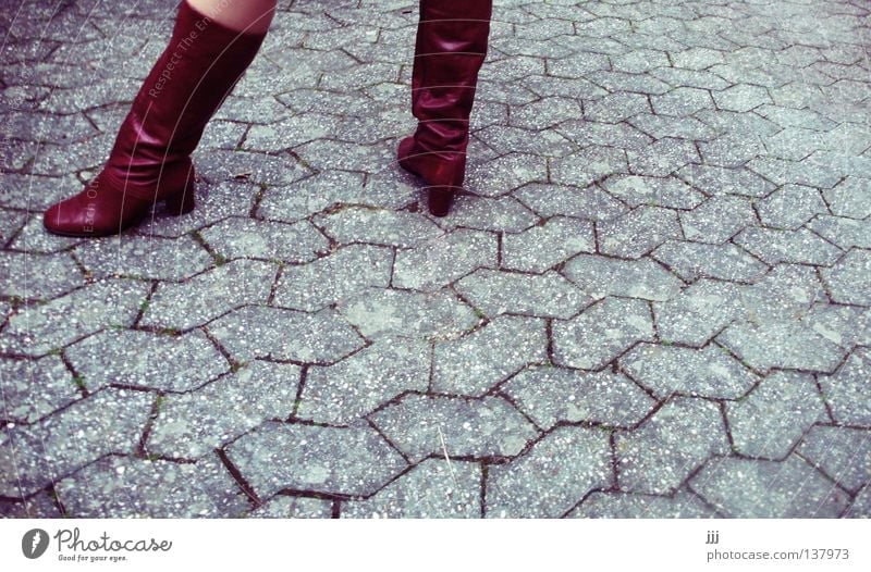 leg, standing leg Boots Red Leather Concrete Gray Mainstay Footwear Line Provocative Services Woman Clothing Street Stone Feet Landing leather boots Legs Stand