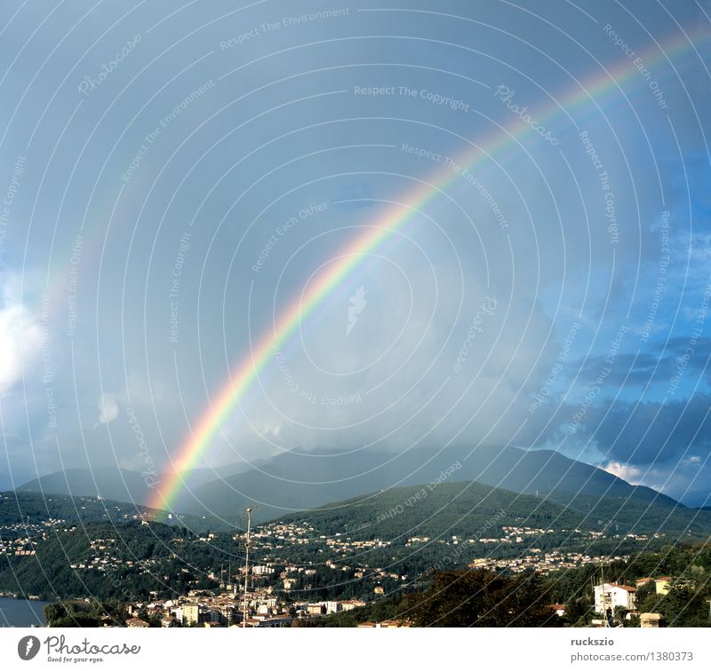 Rainbow; Lago Maggiore Sun Mountain Landscape Clouds Weather Illuminate diffraction Breakage Sky Refraction light scattering raindrops Prismatic colour