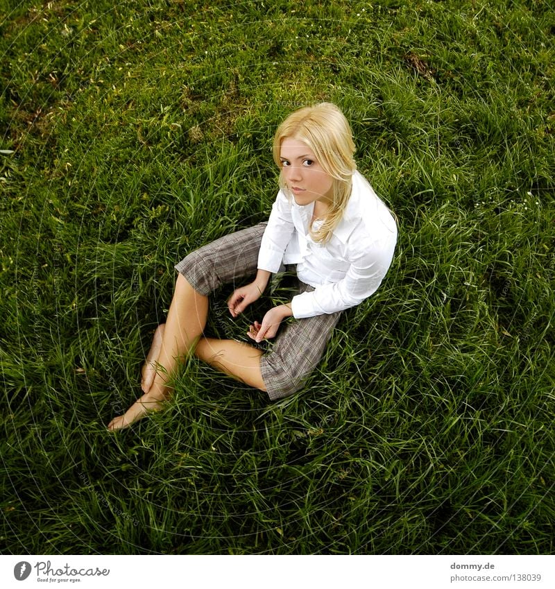 HELLO DARLING Woman Summer Physics Beautiful Spring Grass Blouse White Pants Hand Green Blonde Doe eyes Dreamily Friendliness Looking Top Joy Lady Sit Warmth