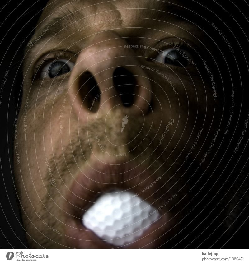 Perforated Man Lifestyle Nostril Facial hair Designer stubble Humor Golfer Golf ball Mini golf Pro Absurdity Funny Leisure and hobbies Amazed Asphyxiate White