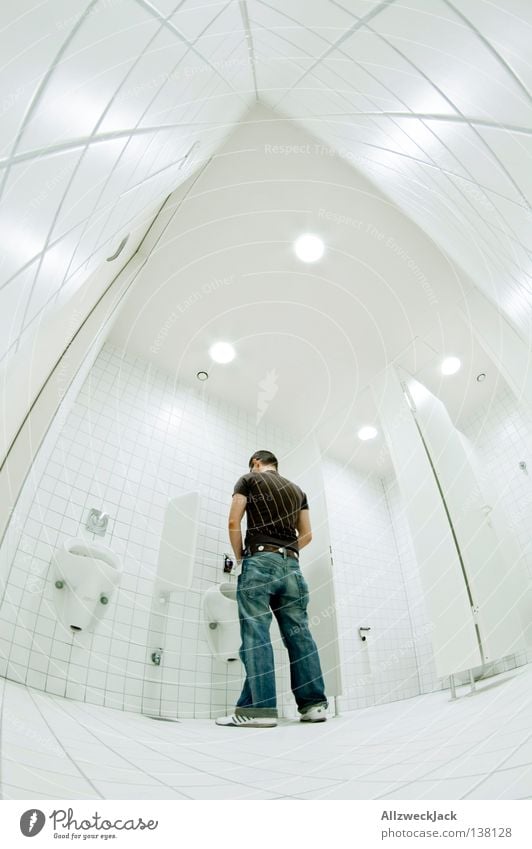 at halftime Bathroom Urinal Urinate Piddler Gentlemen's toilet Bowel movement Relief White Tile Man Clean Fisheye Navigation Toilet standing men's lavatory