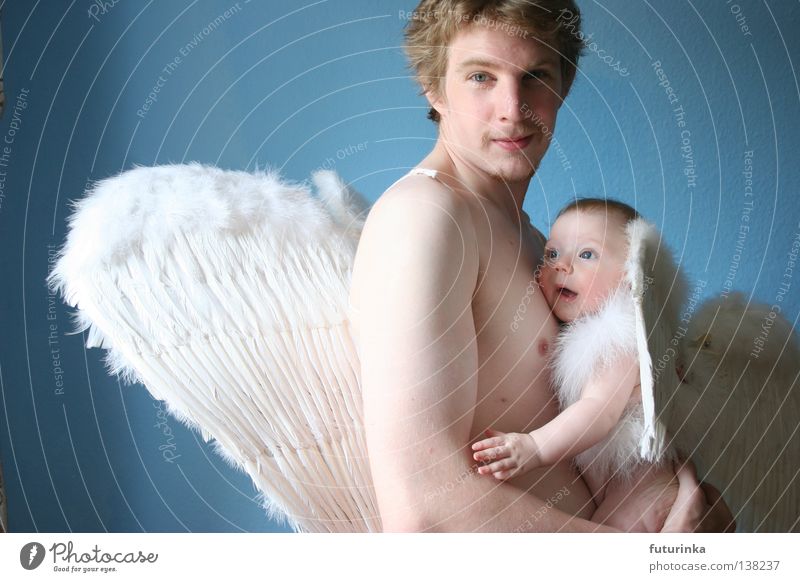 Two angels Flat (apartment) Father Baby Delicate Trust Child Daughter Sweet Toddler Love Angel Sky Blue Wing Feather heavenly