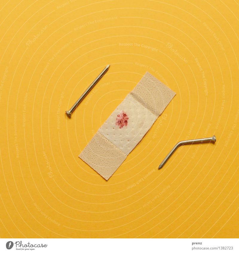 ow Tool Yellow Red Adhesive plaster Blood Nail Warped Super Still Life Occupational health and safety Colour photo Interior shot Studio shot Close-up Detail