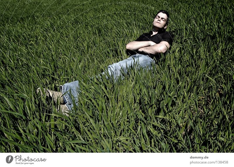 chillout Man Fellow Grass Field Summer Relaxation Pants Shirt Dark Green Sleep Sunbathing Air Fresh Untouched Jeans Bright Face skin Nature