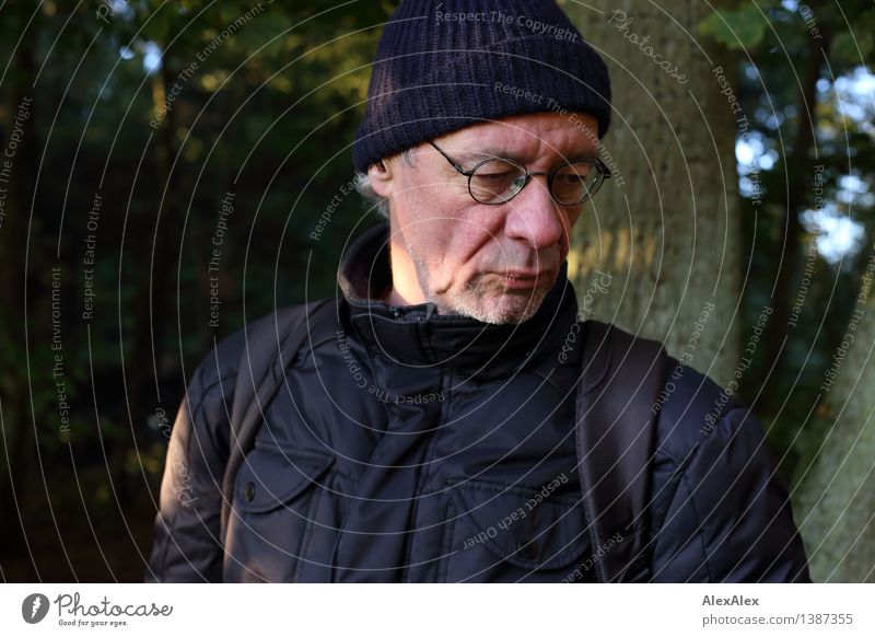 pZ 4 | early in the woods Man Adults Face 45 - 60 years Nature Landscape Sunlight Beautiful weather Tree Forest Jacket Eyeglasses Cap Think Looking Esthetic