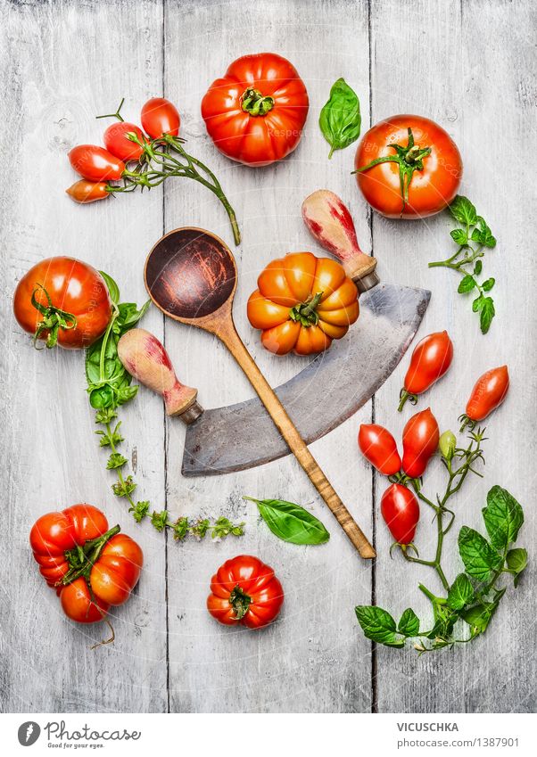 Various tomatoes, basil leaves with wooden spoon Food Vegetable Lettuce Salad Nutrition Lunch Dinner Organic produce Vegetarian diet Diet Italian Food Knives
