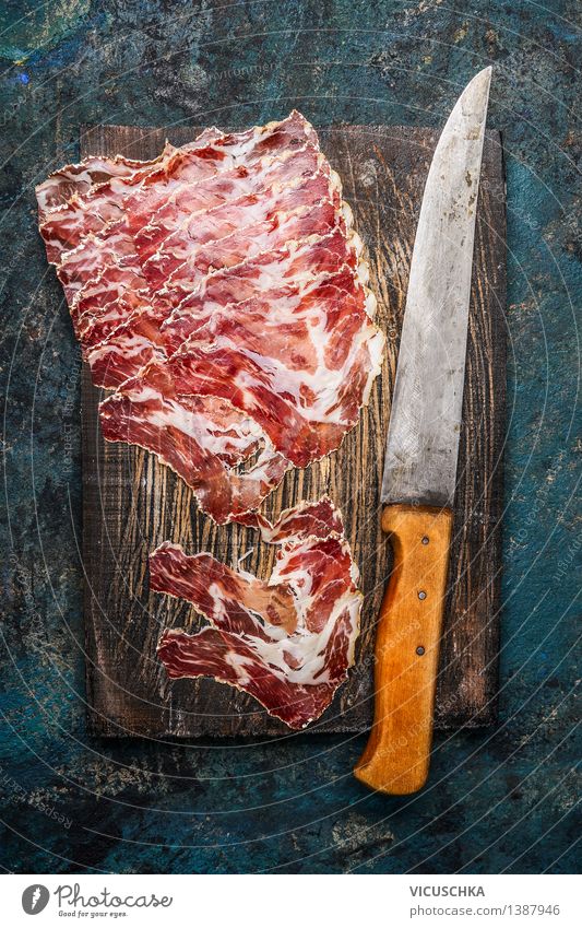 Coppa ham with kitchen knife Food Meat Sausage Nutrition Banquet Italian Food Knives Style Design Table Kitchen Gourmet Ham coppa Specialities Tradition