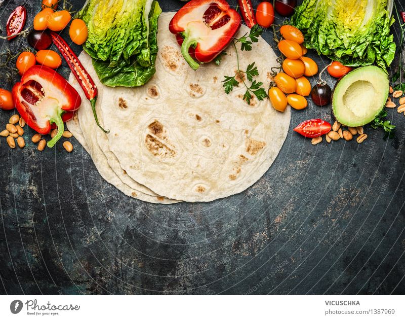 Tortillas with vegetables for tacos or burritos Food Vegetable Lettuce Salad Nutrition Lunch Dinner Buffet Brunch Picnic Organic produce Vegetarian diet Diet