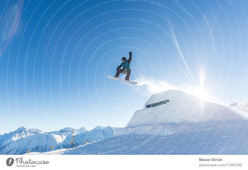 Up up and away! Sports Winter sports Snowboard Ski run Masculine 1 Human being Landscape Sun Sunlight Beautiful weather Ice Frost Alps Mountain Peak