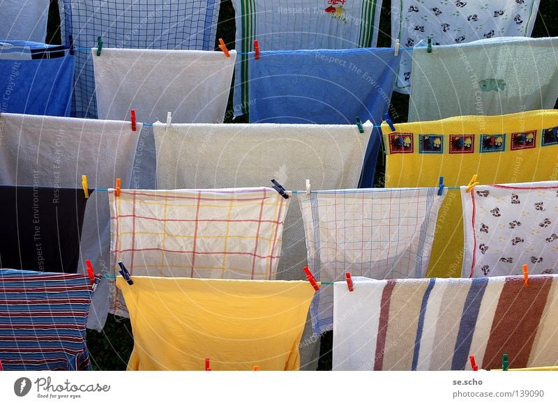 All clear! Laundry Clothesline Dry Clothes peg Towel Clean Pure Fragrant Fresh Yellow White Stripe Neighbor Clothing Rope wash Drying drying area To hold on