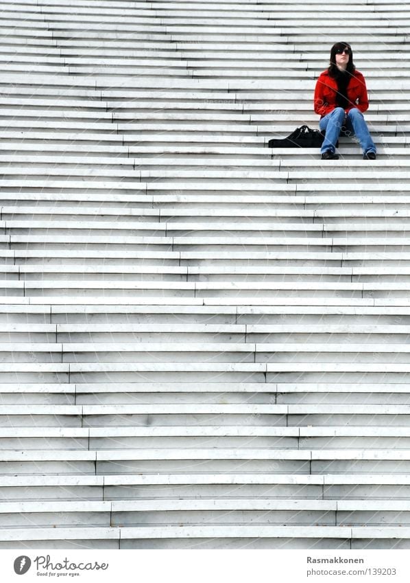 sitting, waiting, wishing... Paris Woman Boredom Stairs La Défense Sit Wait red jacket