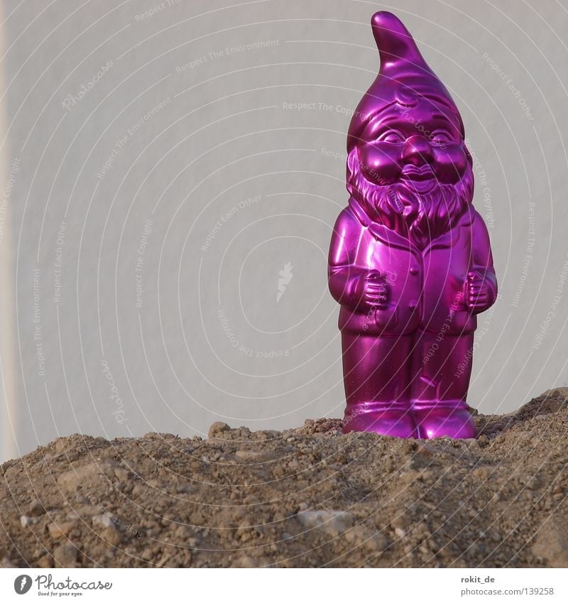 METALLICA Garden gnome Magenta Dwarf Small Glittering Decoration Grinning Object photography Isolated Image Bright background Figure Copy Space left Kitsch