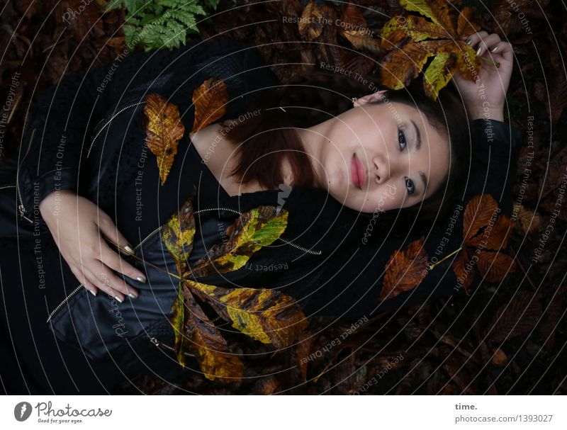 Lying woman in the fall leaves Feminine 1 Human being Environment Nature Landscape Autumn Autumn leaves Forest Jacket Black-haired Long-haired Observe