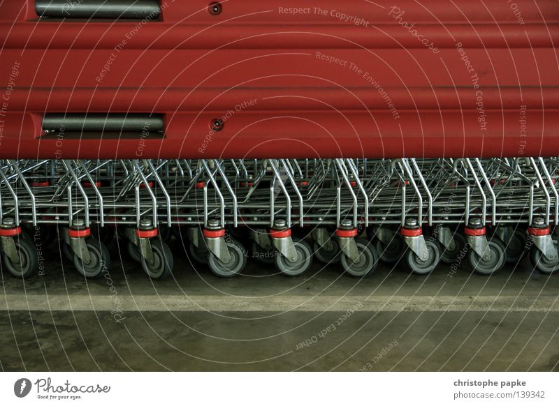 Shopping trolley in line shopping centre Store premises Shopping Trolley Colour photo weigh Logistics Shopping basket Parking garage Interior shot Detail
