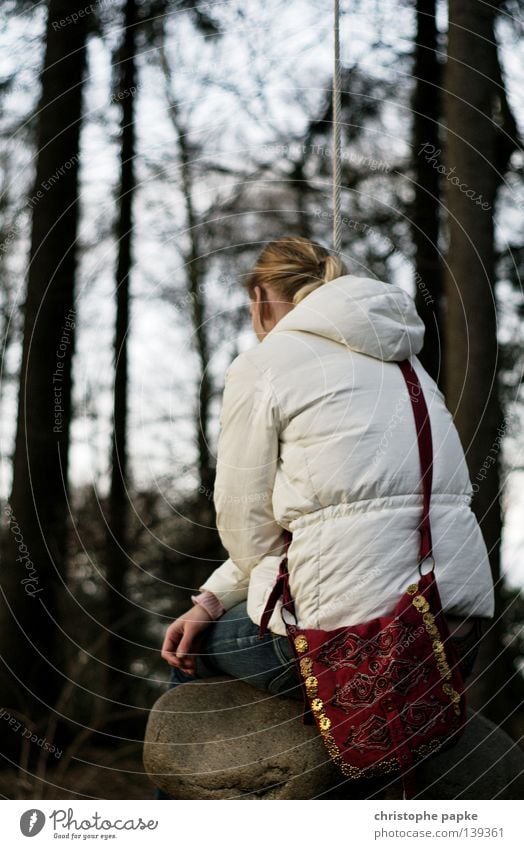 Even if we doubt the equilibrium... Woman Blonde Jacket Bag Forest Stone Think Grief Back Park Garden Loneliness Rope Climbing rope Hover Swing To swing