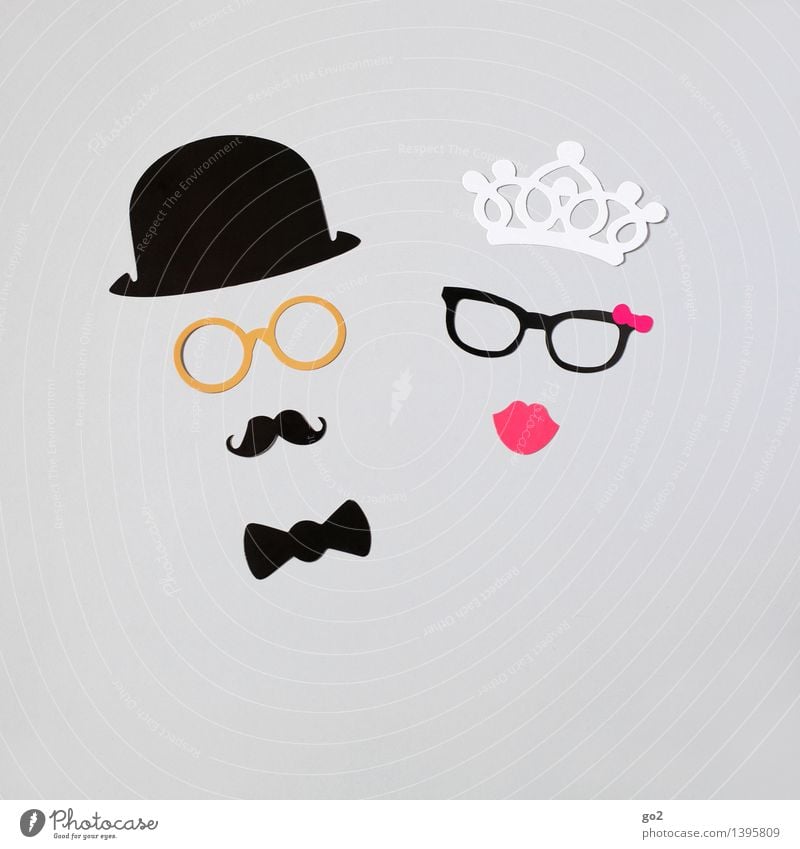 She & Him Luxury Style Handicraft Masculine Feminine Woman Adults Man Couple Partner 2 Human being Fashion Bow tie Eyeglasses Crown Hat Moustache Paper Sympathy