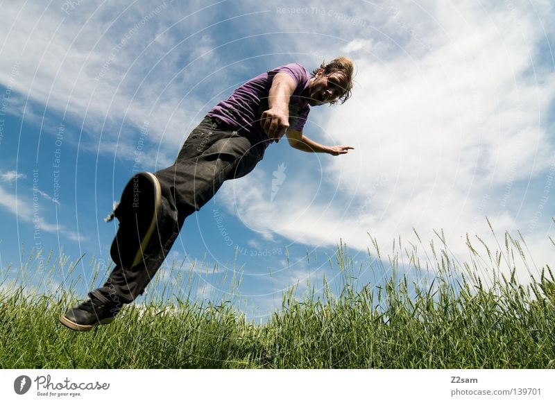 YOU are meant! 900 Human being Action Contentment Eyeglasses Easygoing Jump Kick Hand Man Masculine Clouds Field Green Summer Gravity Meadow Style Blonde Blue