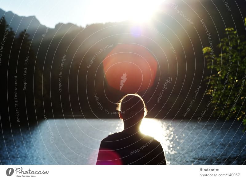 Light Woman Hair and hairstyles Sun Sky Mountain Tree Bushes Patch of light Reflection Think Water Lake Upper Bavaria Lighting Radiation Blue Green Black