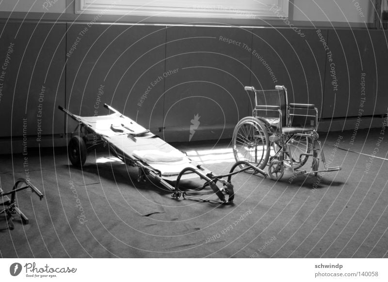 storeroom Wheelchair Basel Helpless Interior shot Healthy stretcher Black & white photo