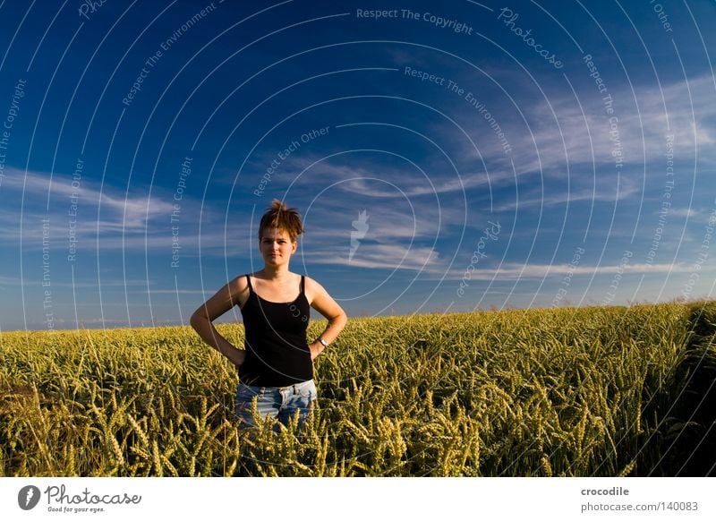 lonesome lady Woman Hair and hairstyles Black Field Nature Wheat Clouds Blue Pol-filter Arm Chest Pants Jeans Horizon Panorama (View) Beautiful Sky Large