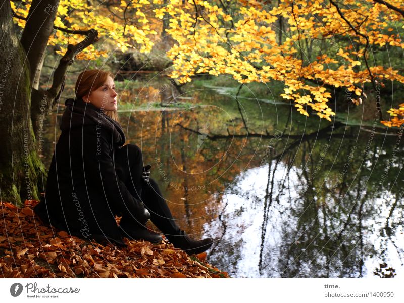. Feminine 1 Human being Elements Water Autumn Beautiful weather Plant Deciduous forest Autumn leaves Autumnal colours Forest River bank Bog Marsh Pond Brook