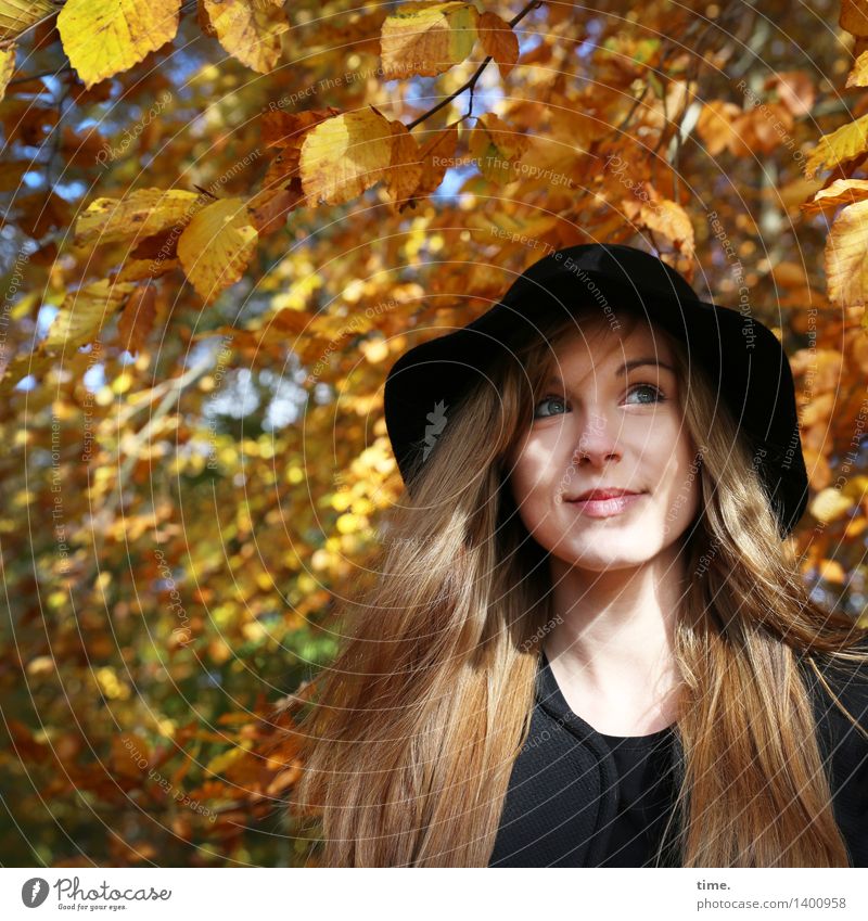 . Feminine 1 Human being Autumn Beautiful weather Tree Autumn leaves Forest Hat Red-haired Long-haired Observe To enjoy Smiling Illuminate Looking Happiness Joy