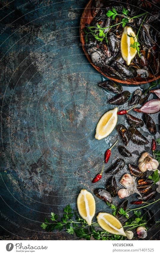 Fresh mussels with lemon and ingredients Food Seafood Herbs and spices Nutrition Dinner Banquet Plate Healthy Eating Life Table Kitchen Restaurant Nature Design