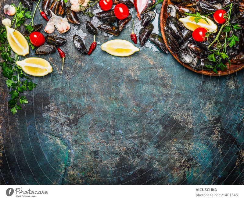 Fresh mussels with ingredients for cooking Food Seafood Vegetable Herbs and spices Nutrition Lunch Banquet Organic produce Vegetarian diet Diet Plate Bowl Style