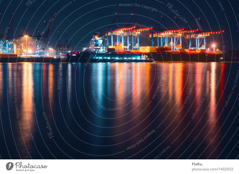 night shift Work and employment Coast River bank Elbe Hamburg Germany Town Port City Harbour Landmark Navigation Boating trip Container ship Blue Red