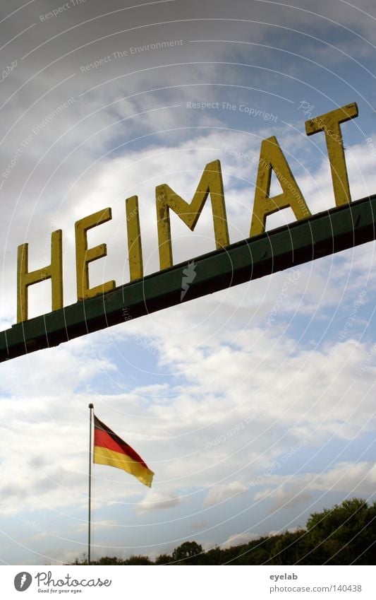 homeland Home country Sky Characters Typography Letters (alphabet) Word Germany Federal eagle German Flag Black Red Gold Clouds Summer Flagpole Countries