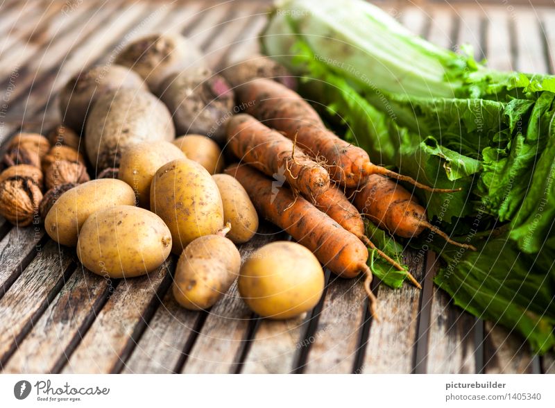 autumn harvest Food Vegetable Nutrition Healthy Eating Agriculture Forestry Autumn Potatoes Carrot Red beet Chinese cabbage Wood Authentic Natural Brown Green