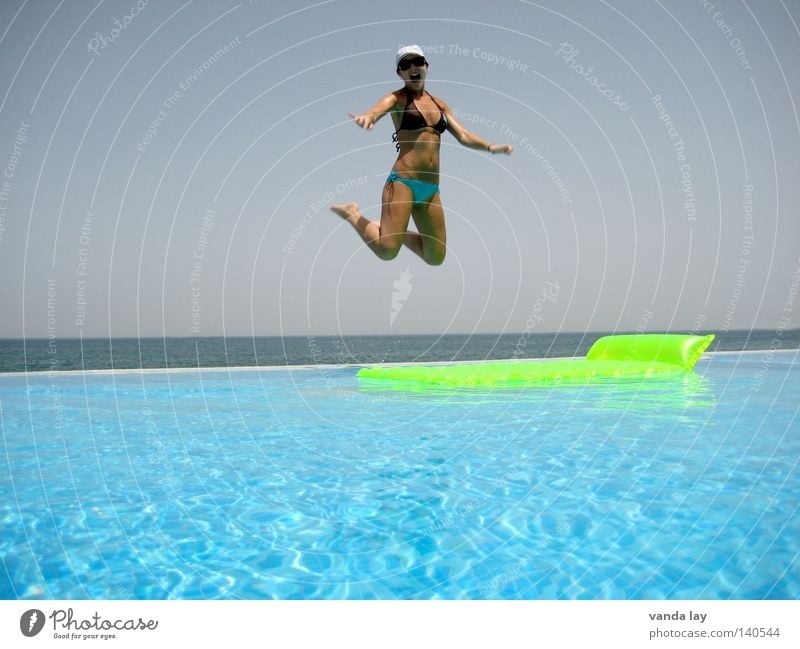 high up Summer Swimming pool Vacation & Travel Water Ocean Swimming & Bathing Bikini Bathroom Jump Air Joy Beautiful Thin Woman Scream Flying Body Body tension